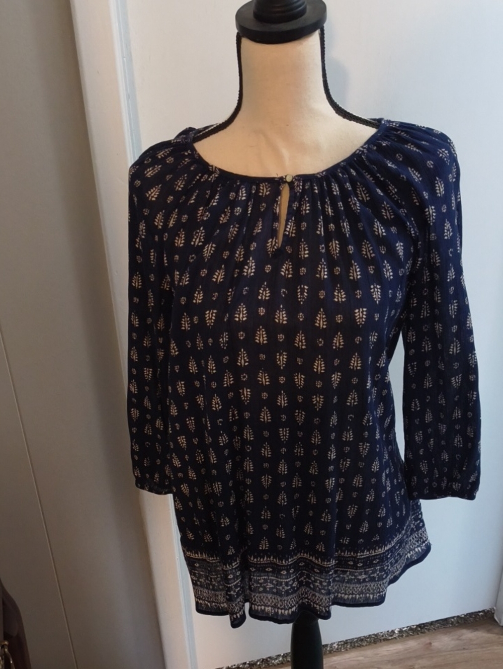 Chaps Navy and Cream Printed Peasant Tunic